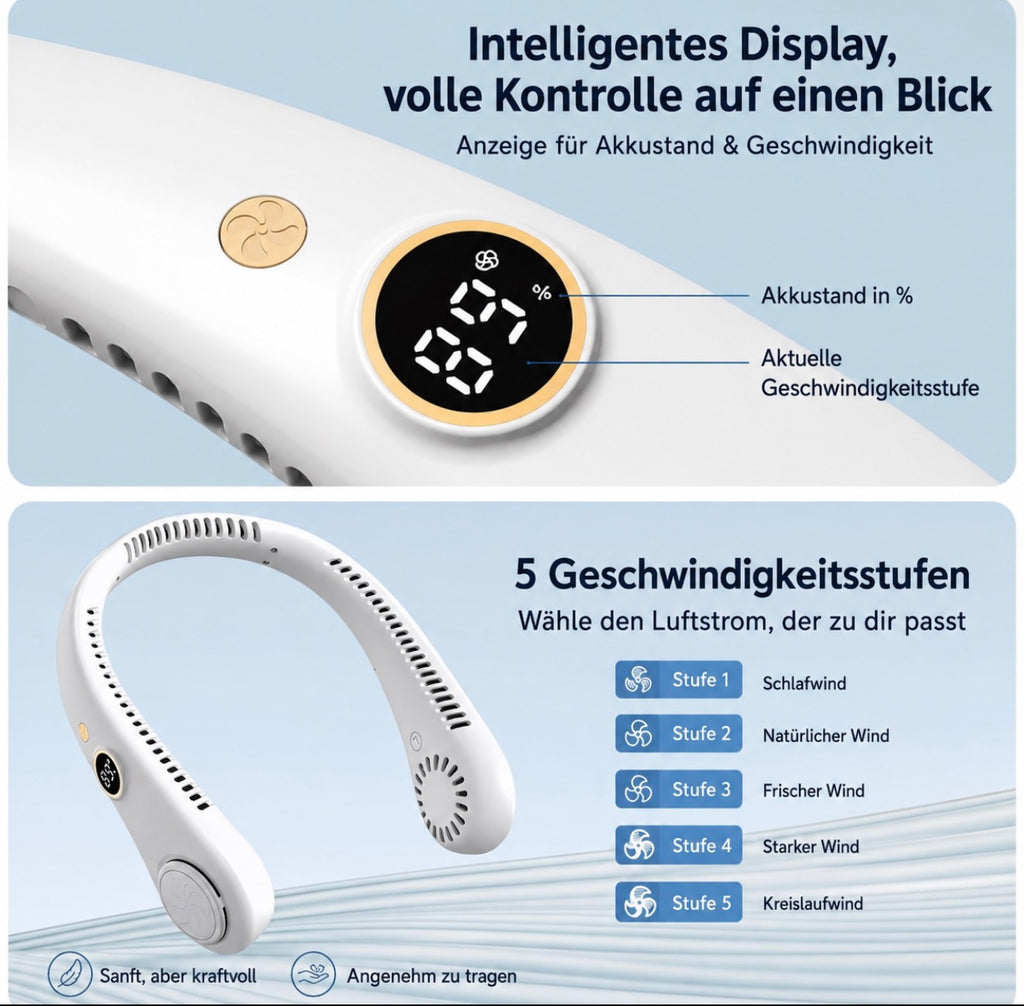 Tragbarer Nackenventilator mit LED-Display & 5 Geschwindigkeitsstufen